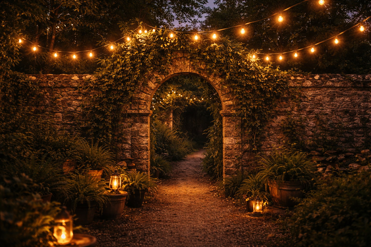 Ivy-covered stone archway lit by festoon lights and lanterns at dusk