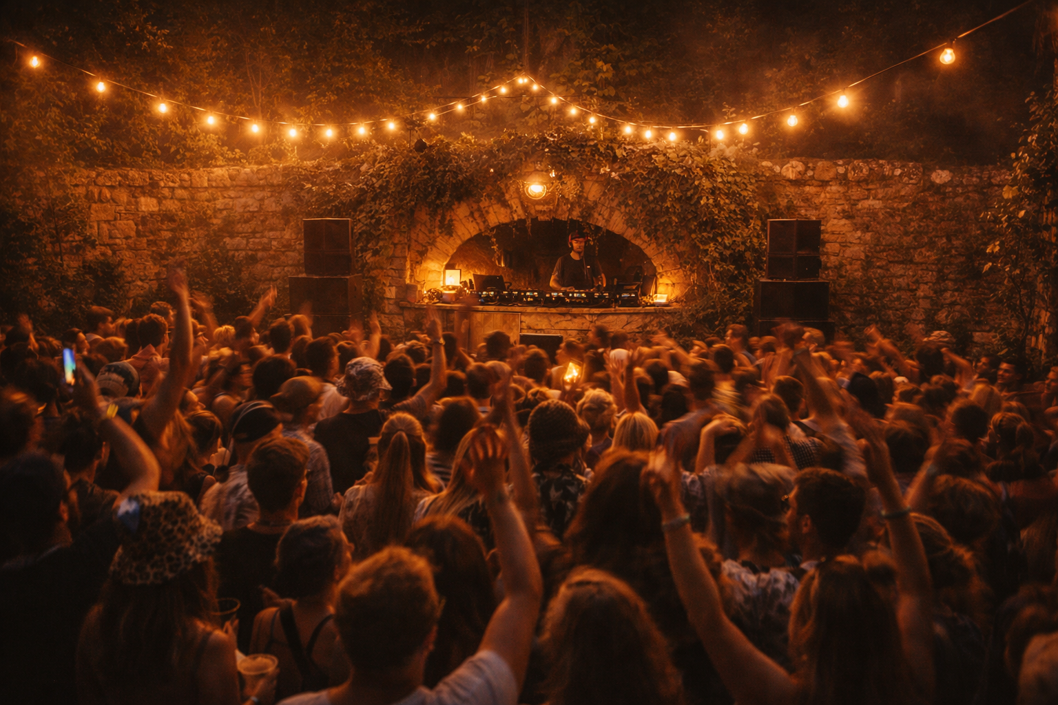 DJ playing in a stone archway with crowd dancing in a walled garden at night